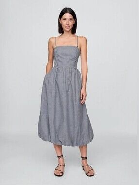 NWT GAP Poplin Gingham Bubble Midi Dress Navy Blue Gingham